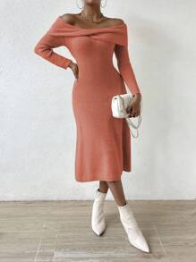 Chiquease Off Shoulder Foldover Sweater Dress Fall Cloth For Women - Burnt Orange - View 3