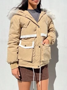 SHEIN EZwear Ladies' Contrast Color Border Collar Padded Coat - Khaki - View 7