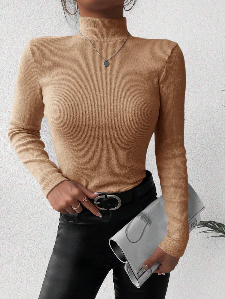 EURMUSE Women's Solid Color High Neck Sweater - Camel - View 1