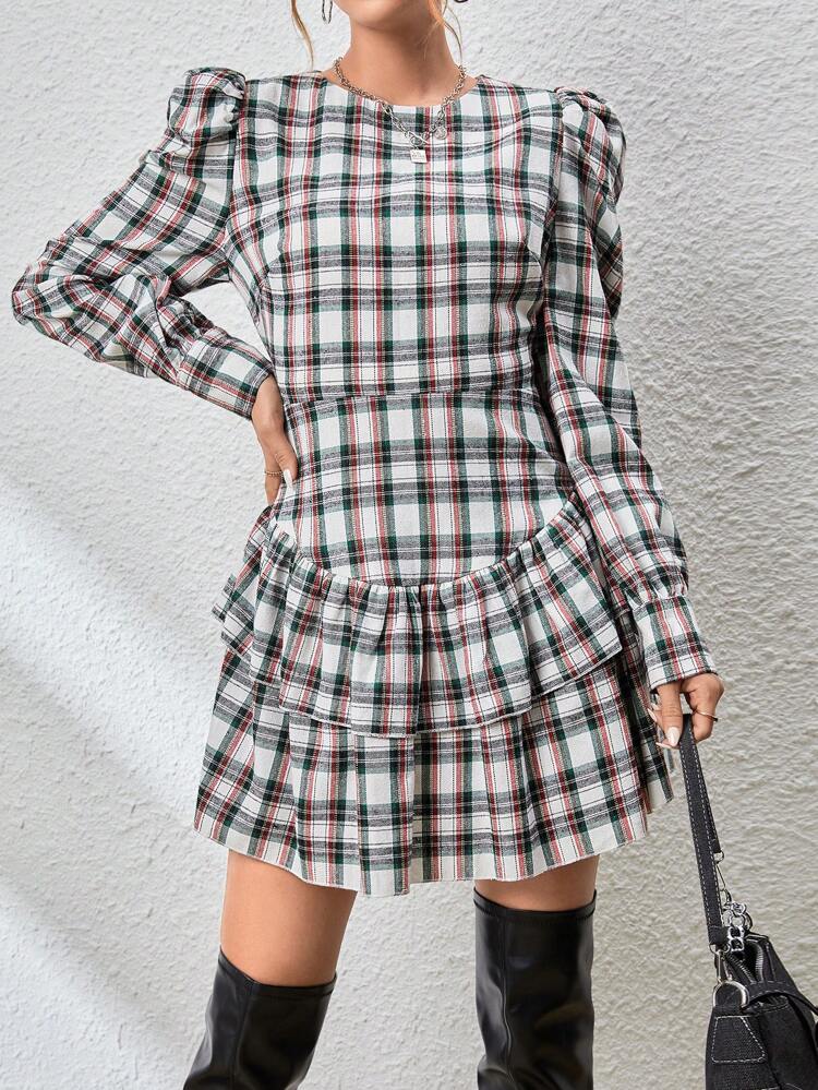 Plaid Print Puff Sleeve Ruffle Hem Dress