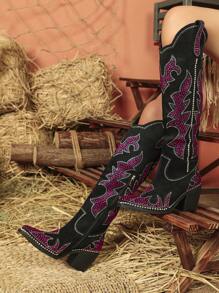 Styleloop 女士鑽石閃粉中筒尖頭西部牛仔黑靴,時尚閃爍水晶膝高方塊粗跟牛仔女靴侧拉鍊休閒靴 - 黑色 - 查看 5