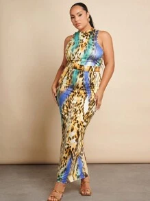 SHEIN BAE Plus Allover Print Mock Neck Bodycon Dress Without Belt