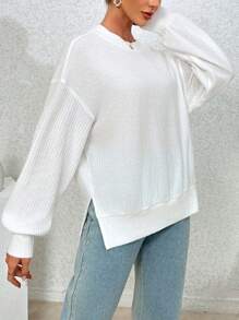 SHEIN Essnce Thả vai Viền chia cắt Áo thun - trắng - Xem 5