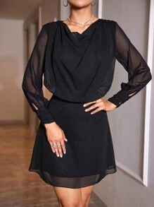 SHEIN Cottnline Draped Neck Long Sleeve Dress - Black - View 1