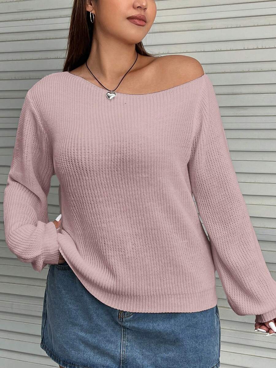 SHEIN EZwear Hơn Cổ không đối xứng Áo len - Hồng - Xem 1