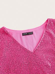 SHEIN Clasi Cổ chữ V Tay áo lồng đèn Kim sa Áo sơ mi - Màu Hồng Tươi - Xem 6