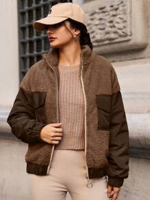 EURMUSE Ladies' Fleece Patchwork Padded Coat - Brown - View 1