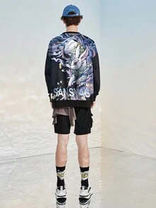 男士卡通印花寬鬆運動衫 - 黑色 - 查看 1