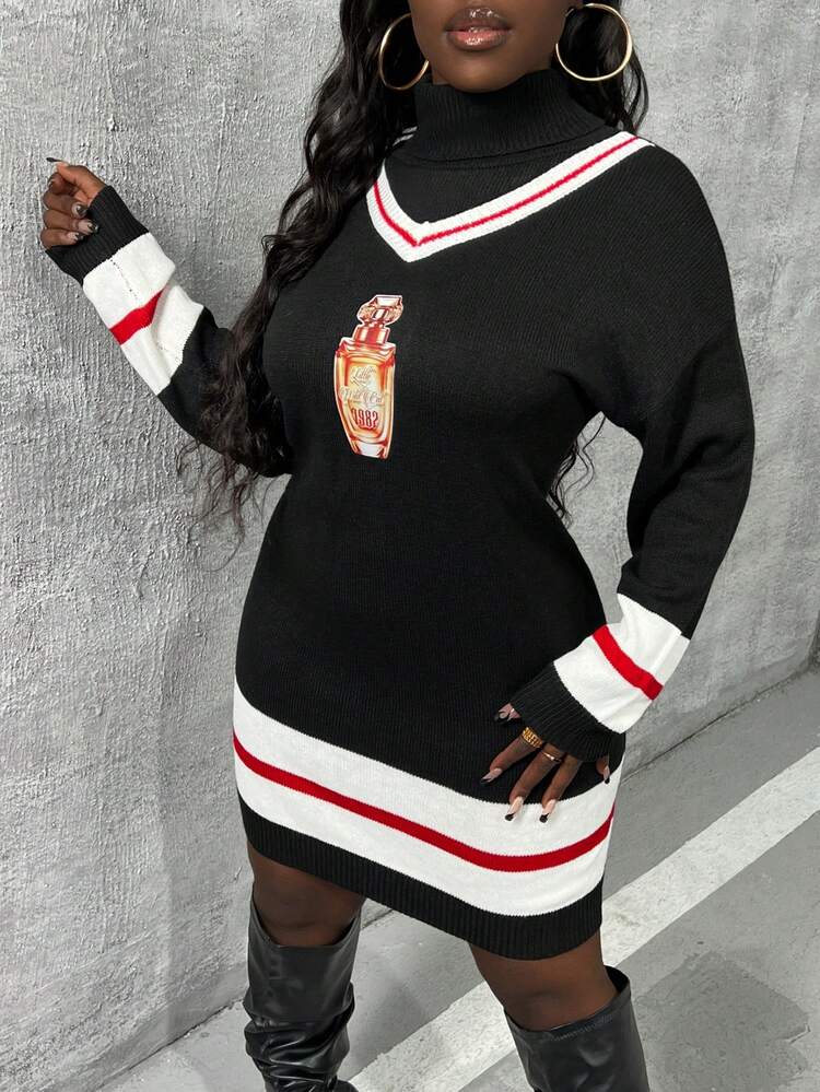 Women's Striped Colorblock Sweater Dress With Perfume Bottle Print