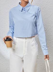 SHEIN Essnce Women's Blue And White Striped Collared Shirt - Blue and White - View 4