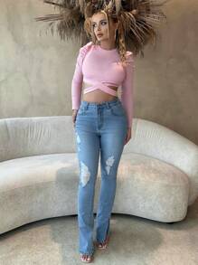 SHEIN SXY Women's Distressed Skinny Jeans With High Slit On Hem - Light Wash - View 3