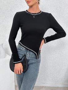 SHEIN Essnce Women's Color Block Asymmetrical Hem T-Shirt With Contrast Stitching - Black - View 5