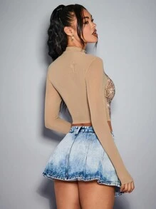 SHEIN BAE Women's Solid Color Body Perm Rhinestone Decorated See-Through Tight T-Shirt