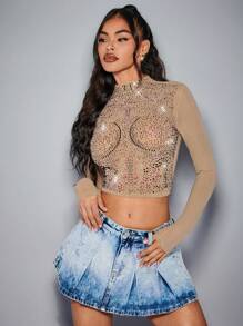 SHEIN BAE Women's Solid Color Body Perm Rhinestone Decorated See-Through Tight T-Shirt