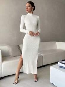 SHEIN Privé Fine Ribbed Bodycon Dress With High Side Slit - White - View 6