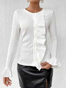 SHEIN Privé Viền Ruffle tay áo lá sen Áo thun - trắng - Xem 6
