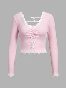 ROMWE Kawaii Pink V-neck Long Sleeve T-shirt With Bow - Pink - View 1
