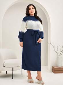 Mulvari 女士加大尺碼色塊長袖連衣裙,腰帶設計 - 寶藍色 - 查看 3