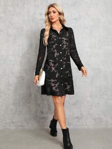 SHEIN Tall Vestido Abotonado De Jacquard Para Mujer Con Dobladillo Con Volantes - Negro - Ver 6