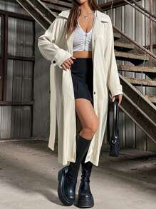 SHEIN Unity Solid Color Belted Coat - Khaki - View 1