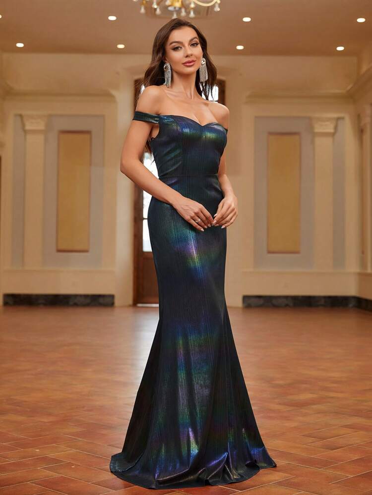 Off Shoulder Mermaid Hem Holographic Formal Dress Evening Dress Gown