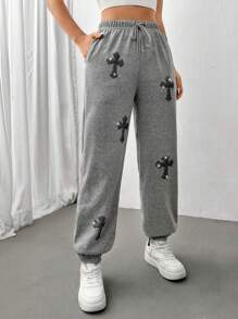 SHEIN Unity Rhinestone Cross Pattern Drawstring Waist Sweatpants - Grey - View 3
