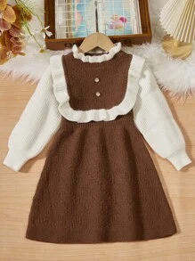 SHEIN 青少女拼色半高領荷葉邊毛衣連衣裙,配有燈籠袖 - 摩卡棕 - 查看 1