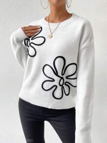 SHEIN Essnce 女款花卉拼接下肩針織衫 - 白色 - 查看 3