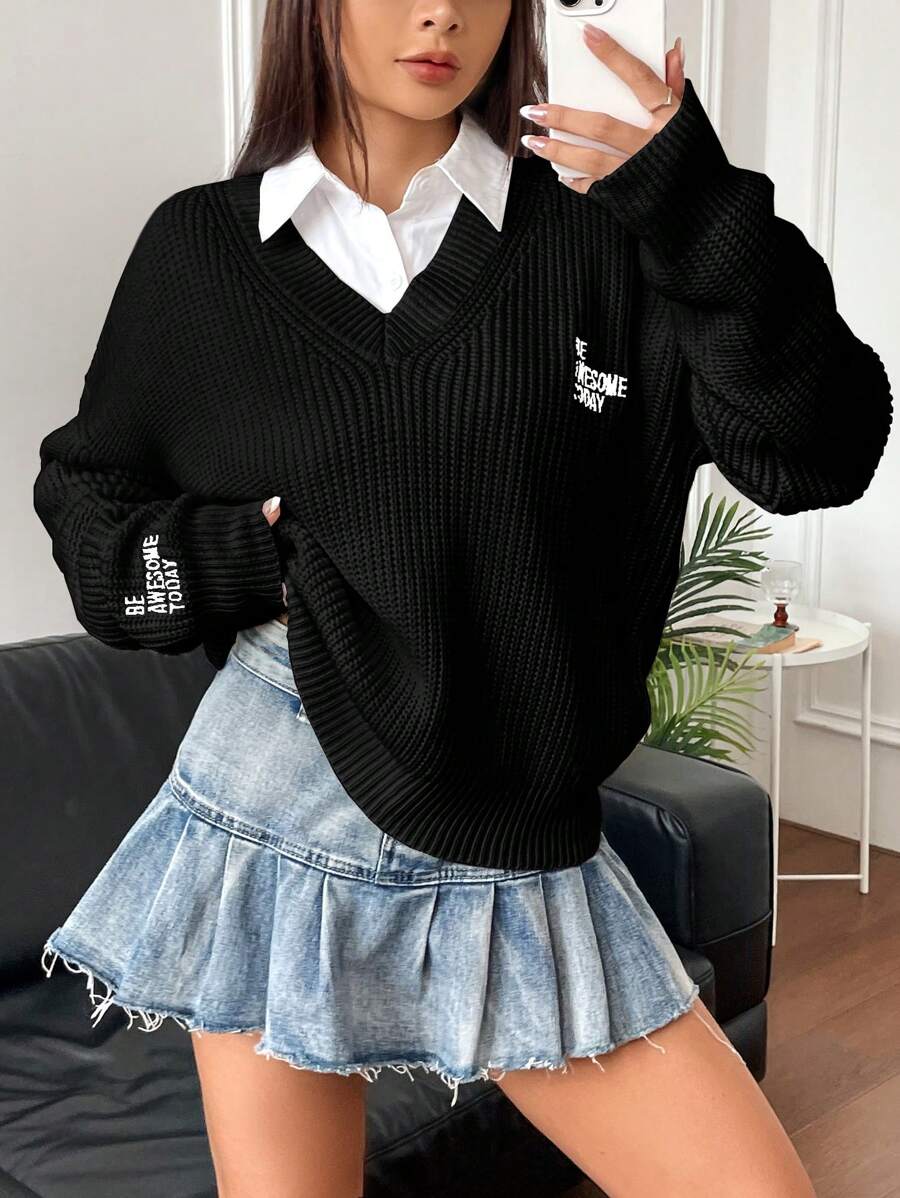 SHEIN Unity Women's Letter Embroidered Drop Shoulder Sweater Knit Pullover Fall Winter Outfit - Black - View 1