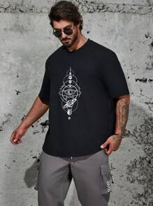 Manfinity Homme Men's Plus Size Galaxy Print Short Sleeve T-shirt - Black - View 3