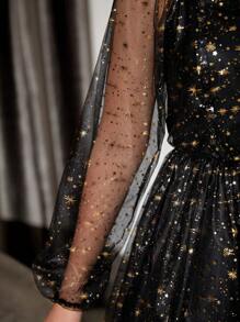 SHEIN 青少年女孩燈籠袖星系網紗覆蓋洋裝 - 黑色 - 查看 6