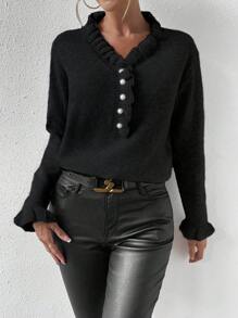 SHEIN Essnce Lace Decorated Sweater Pullover - Black - View 1