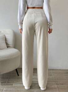 Chiquease Solid Color Straight Leg Thermal Lined Long Pants Fall Cloth For Women - Beige - View 2