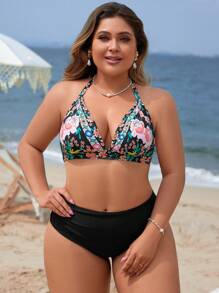 Swim Lushoire Summer Beach Women's Plus Size Halter Neck Floral Printed Bikini Set With Tie Side Bottom