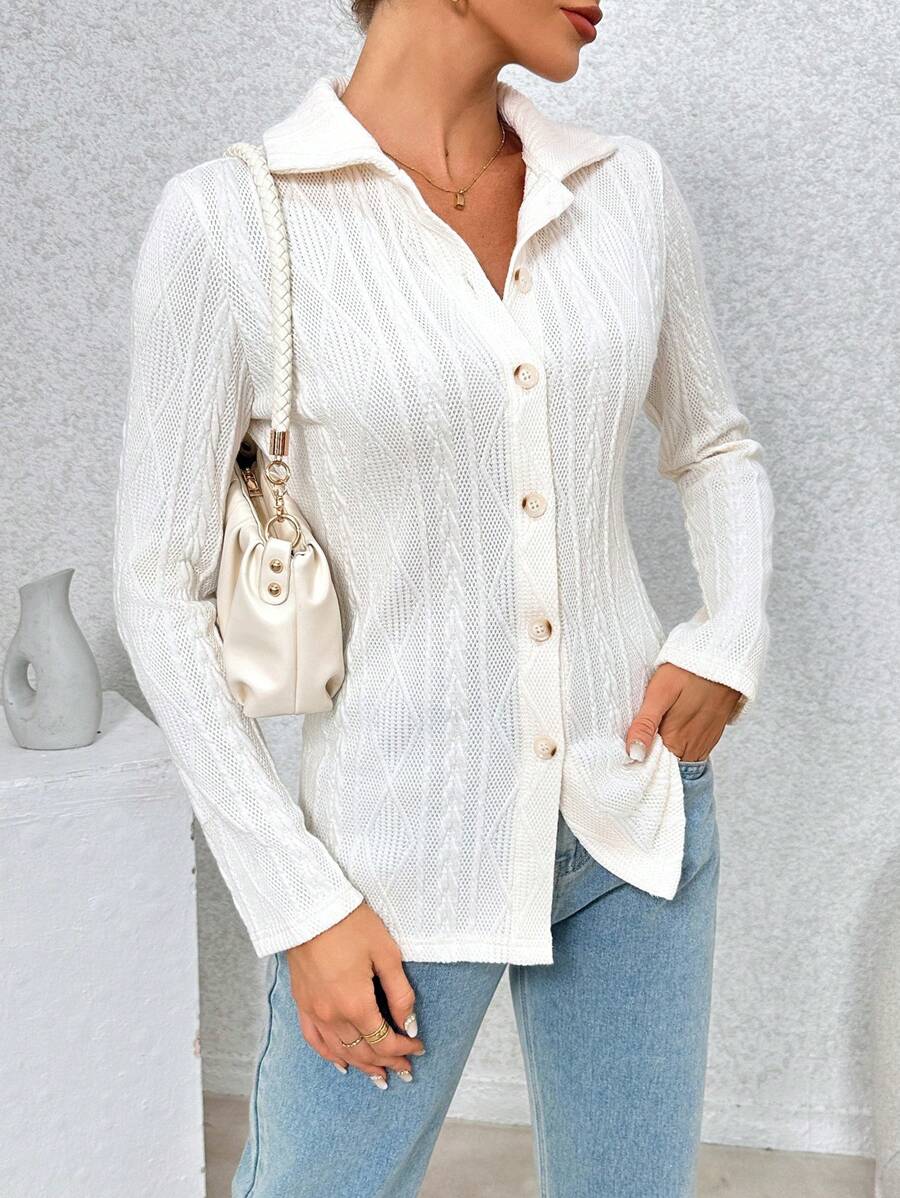 SHEIN Essnce Cable Knitted Jacquard T-shirt - Beige - View 1