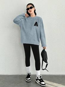 Thiếu niên cô gái Thư được vá Thả vai Aó chui đầu Teddy - Màu xanh bụi bặm - Xem 3