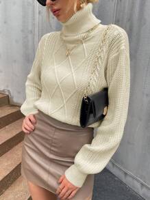 SHEIN Privé 纯色高领落肩针织套头衫秋冬毛衣 - 杏色 - 查看 6