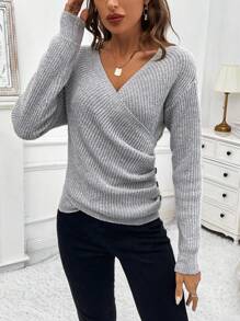 SHEIN LUNE V-neck Wrap Cross Knitted Sweater - Light Grey - View 3