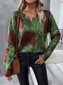 SHEIN Clasi 女士圆领印花针织毛衣，秋冬款 - 綠色 - 查看 4