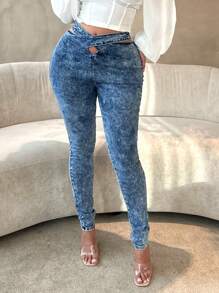 SHEIN SXY Crossed High-waisted Skinny Jeans - Silver - View 1