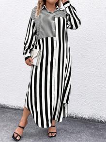 SHEIN LUNE Plus-size Striped Shirt Dress - Black and White - View 3
