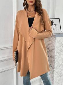 SHEIN LUNE 女式大翻領露肩落肩大衣 - 卡其色 - 查看 1