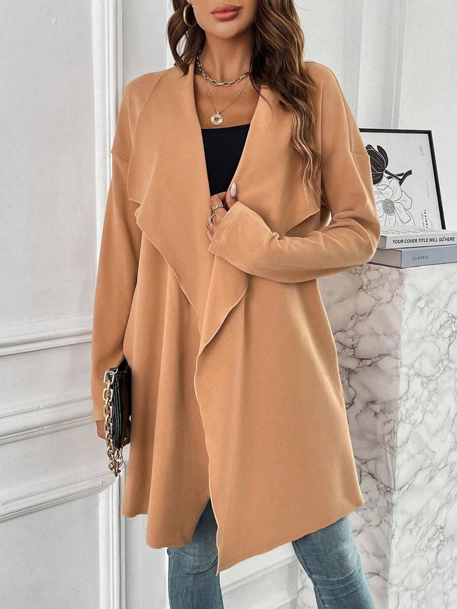 SHEIN LUNE 女式大翻領露肩落肩大衣 - 卡其色 - 查看 1