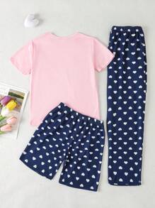 SHEIN Girls' Cute Cat Expression Patterned Homewear Set With All-over Hearts Print, Multiple Pieces - Multicolor - View 2