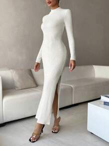 SHEIN Privé Fine Ribbed Bodycon Dress With High Side Slit - White - View 3