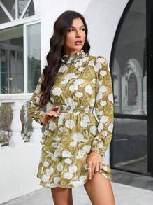 Aveloria Random Printed Long Sleeve Shirred Collar Dress Fall Cloth For Women - Multicolor - View 5