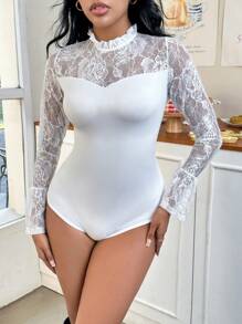 SHEIN Privé Lace Patchwork Bodysuit - White - View 1