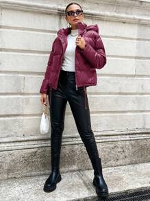 EURMUSE Drawstring Hem Hooded Puffer Coat - Hot Pink - View 3