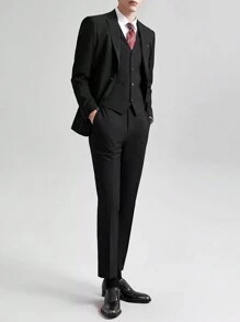 男士單排釦西裝外套&馬甲西裝外套和褲子套裝套裝無襯衫 - 黑色 - 查看 1