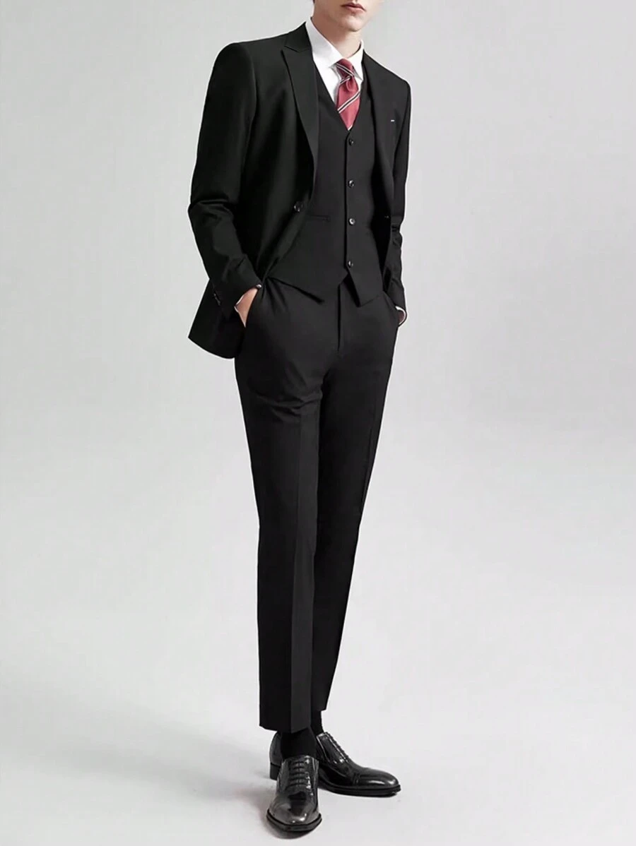 男士單排釦西裝外套&馬甲西裝外套和褲子套裝套裝無襯衫 - 黑色 - 查看 1